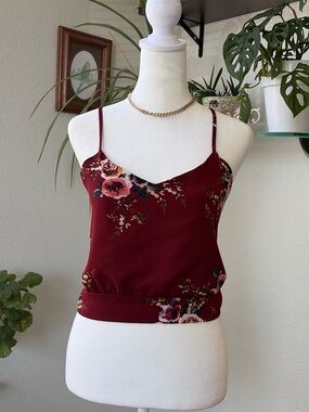 Hand Crafted Burgundy Floral Spaghetti-Strap Tank